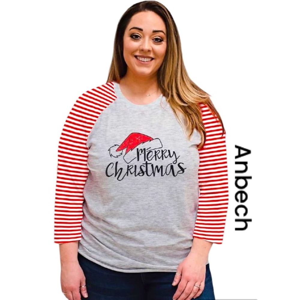ANBECH Plus Size Long Sleeve Merry Christmas T-Shirt  W/Pockets Size 2X